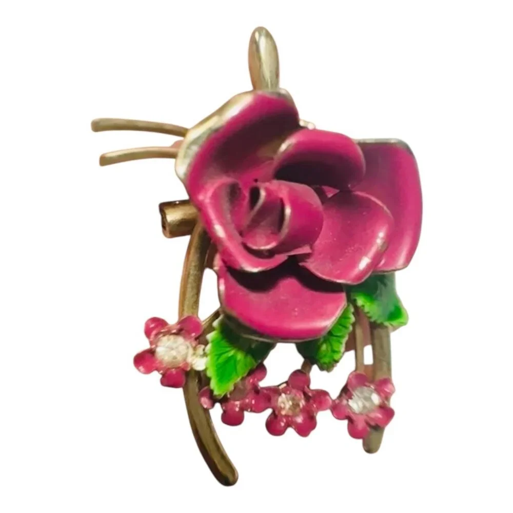 Vintage 3D Pink & Green Enamel Rose Brooch With Aurora Borealis Rhinestones - Picture 8 of 9